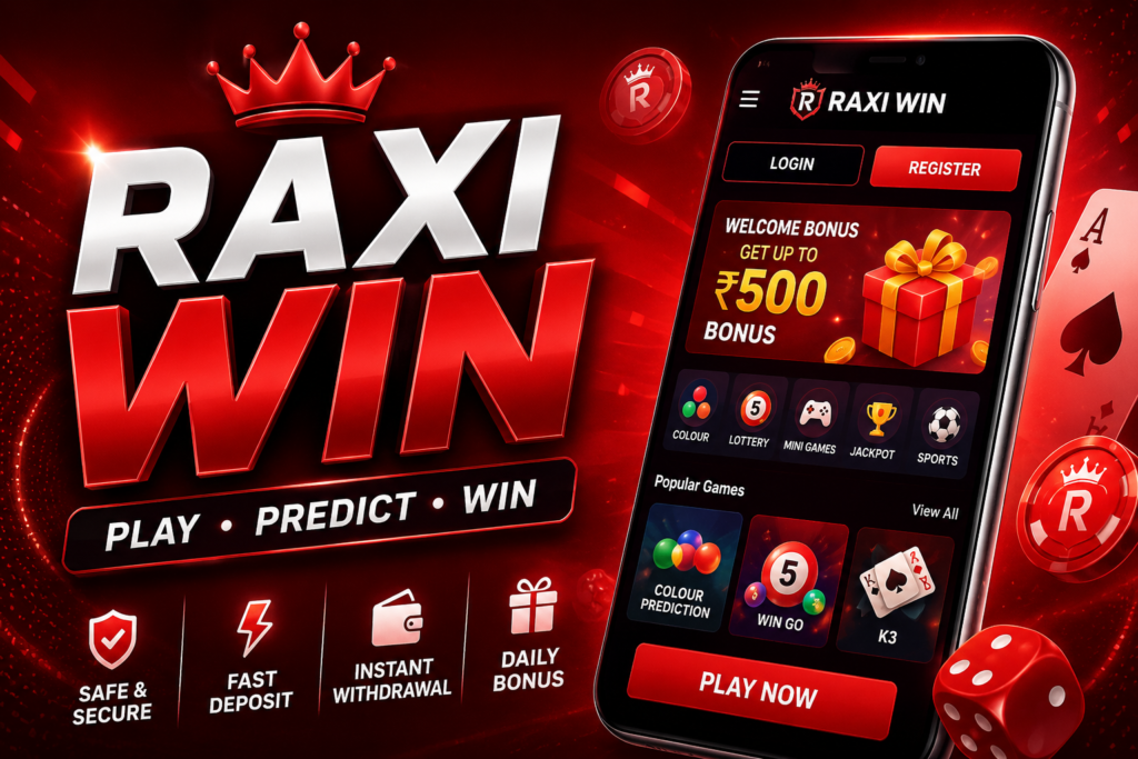 Raxi Win login and register bonus banner with colour prediction games and fast withdrawal features